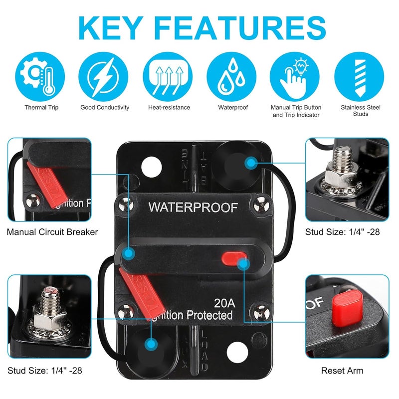 NOWEIERTON 20 Amp Waterproof Circuit Breaker,,Fuse Holder,Audio Circuit Breaker,with Manual Reset,12V-48V DC,30A-300A,for Automotive Marine Boat Audio System Current Overload Protection - Image 5